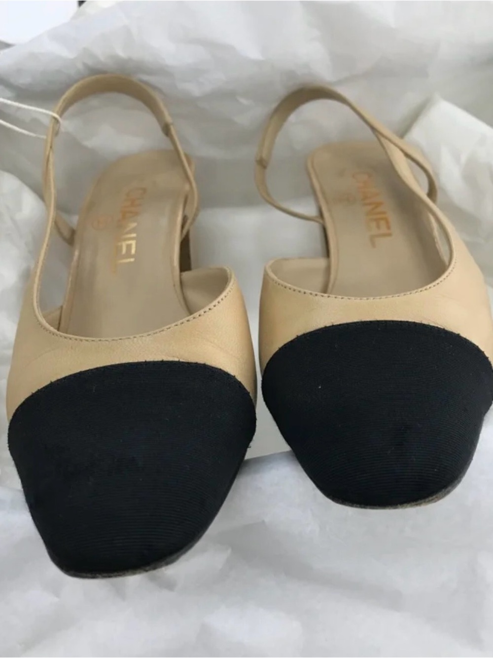 CHANEL Beige and Black Two-Tone Slingback Flats
